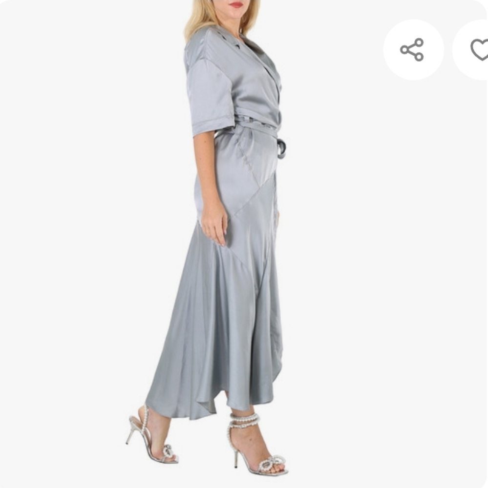 Burberry NEW Emily Mineral Blue 100% SILK Satin Tie Waist Shirt Dress Size 10 - Picture 4 of 16